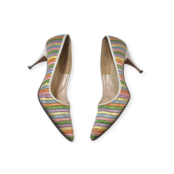 Vintage 1950s David Evins Rainbow Striped Pumps 50s 60s Heels Size 7 AAAA Narrow - Picture 4 of 13
